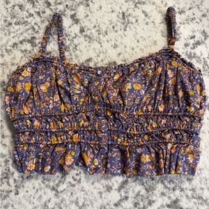 J. Crew Purple Floral Smocked Crop Top with Yellow Accents